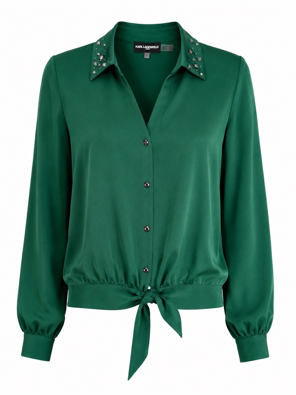 Karl Lagerfeld Paris Green Rhinestone Collar Tie Front Blouse Size S